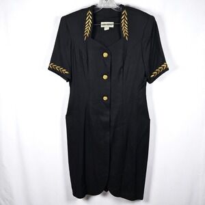 Ann Tobias Vintage Dress Woman 14 Black Gold Embroidery Button Front Career Wear